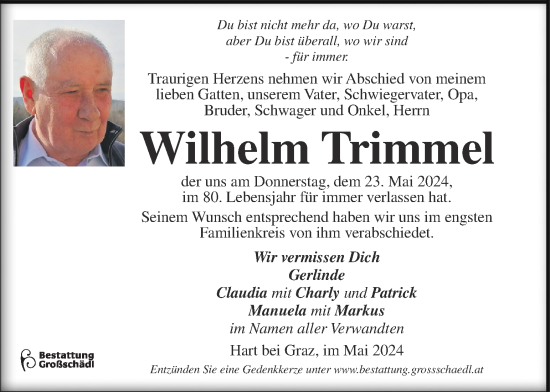 Traueranzeige von Wilhelm Trimmel von Kleine Zeitung