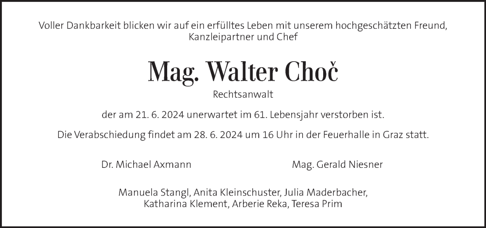  Traueranzeige für Walter Choc vom 25.06.2024 aus Kleine Zeitung