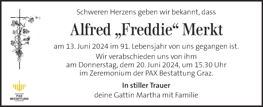  Traueranzeige für Alfred Merkt vom 19.06.2024 aus Kleine Zeitung