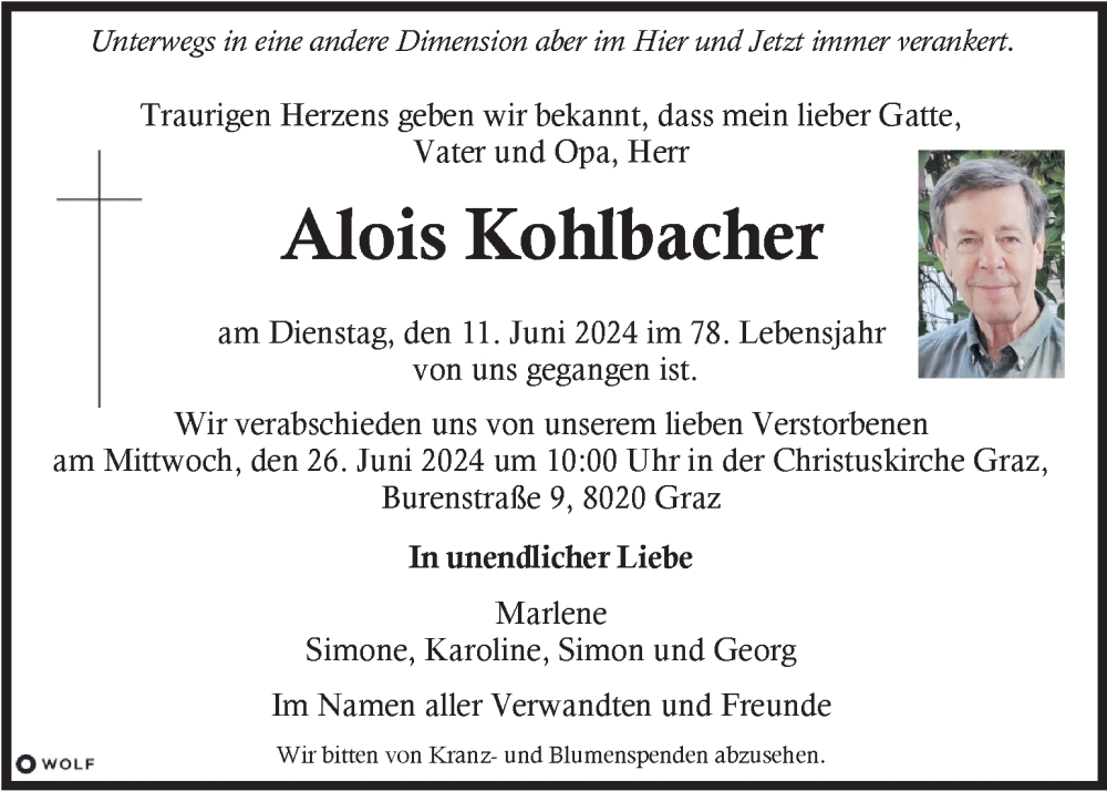  Traueranzeige für Alois Kohlbacher vom 22.06.2024 aus Kleine Zeitung