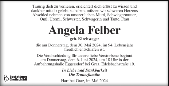 Traueranzeige von Angela Felber von Kleine Zeitung