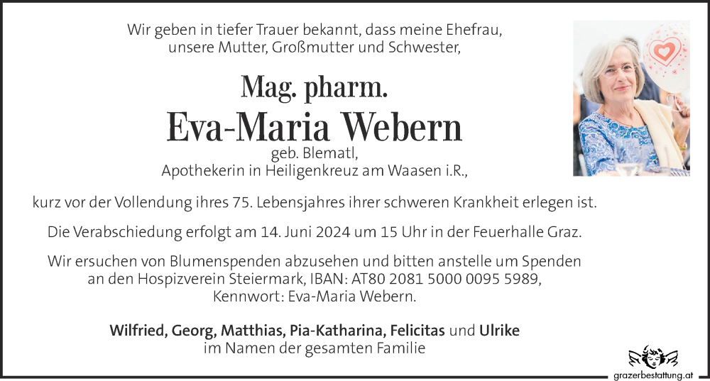  Traueranzeige für Eva-Maria Webern vom 11.06.2024 aus Kleine Zeitung