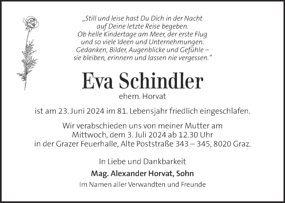  Traueranzeige für Eva Schindler vom 28.06.2024 aus Kleine Zeitung