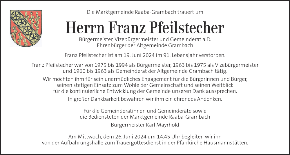  Traueranzeige für Franz Pfeilstecher vom 25.06.2024 aus Kleine Zeitung