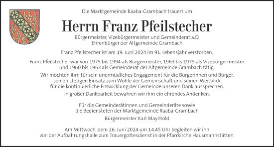 Traueranzeige von Franz Pfeilstecher von Kleine Zeitung