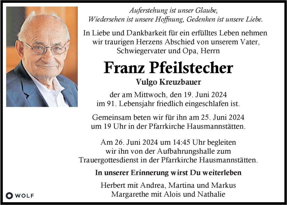  Traueranzeige für Franz Pfeilstecher vom 22.06.2024 aus Kleine Zeitung