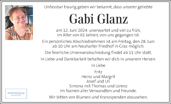 Traueranzeige von Gabi Glanz von Kleine Zeitung