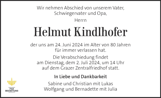 Traueranzeige von Helmut Kindlhofer von Kleine Zeitung