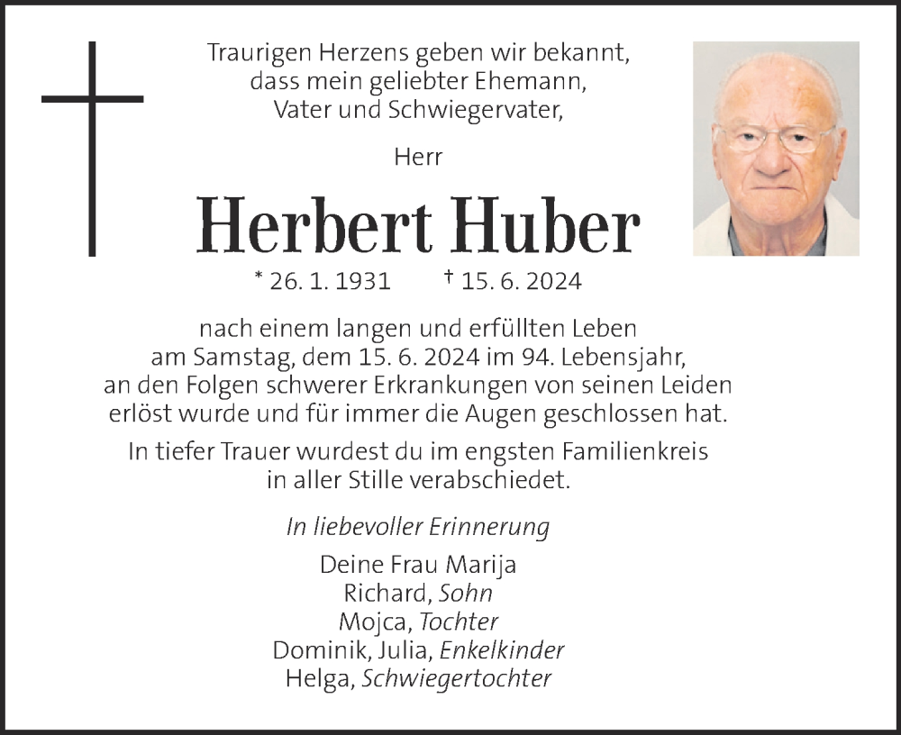  Traueranzeige für Herbert Huber vom 22.06.2024 aus Kleine Zeitung