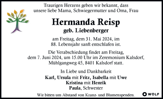 Traueranzeige von Hermanda Reisp von Kleine Zeitung