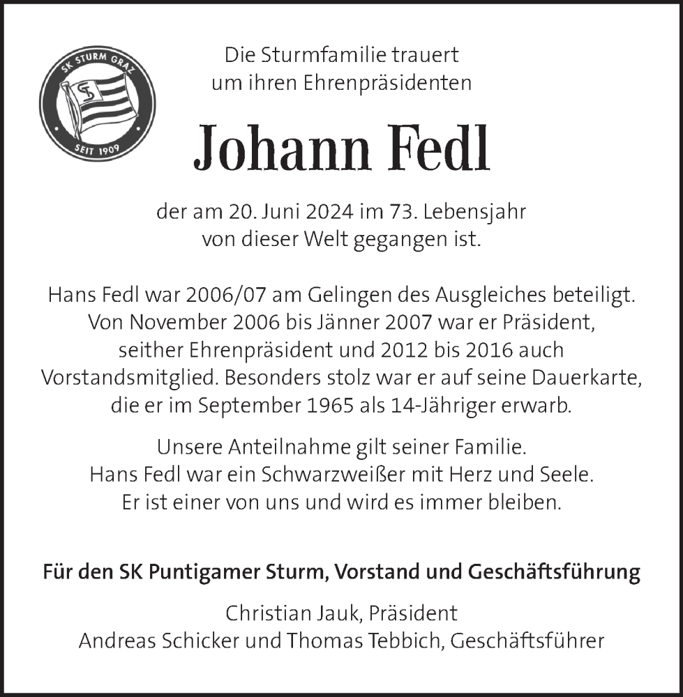  Traueranzeige für Johann Fedl vom 22.06.2024 aus Kleine Zeitung