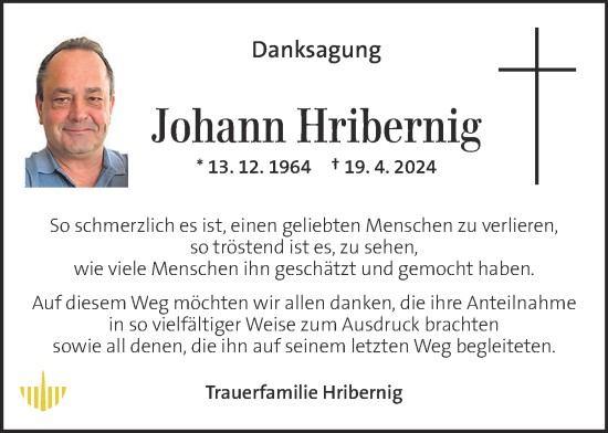 Traueranzeige von Johann Hribernig von Kleine Zeitung