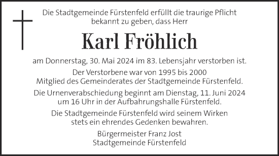 Traueranzeige von Karl Fröhlich von Kleine Zeitung