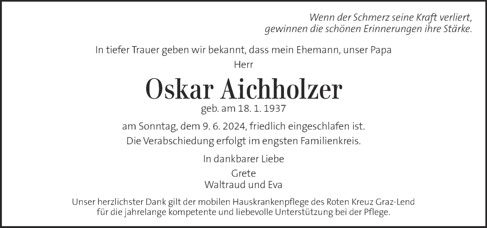  Traueranzeige für Oskar Aichholzer vom 16.06.2024 aus Kleine Zeitung