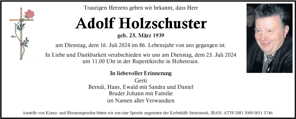  Traueranzeige für Adolf Holzschuster vom 19.07.2024 aus Kleine Zeitung