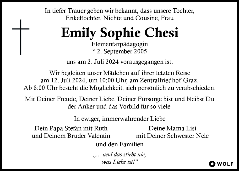  Traueranzeige für Emily Sophie Chesi vom 10.07.2024 aus Kleine Zeitung