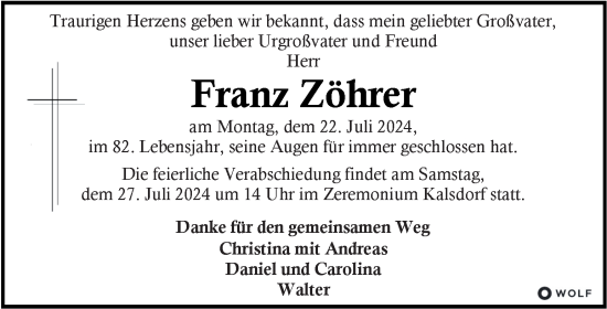 Traueranzeige von Franz Zöhrer von Kleine Zeitung