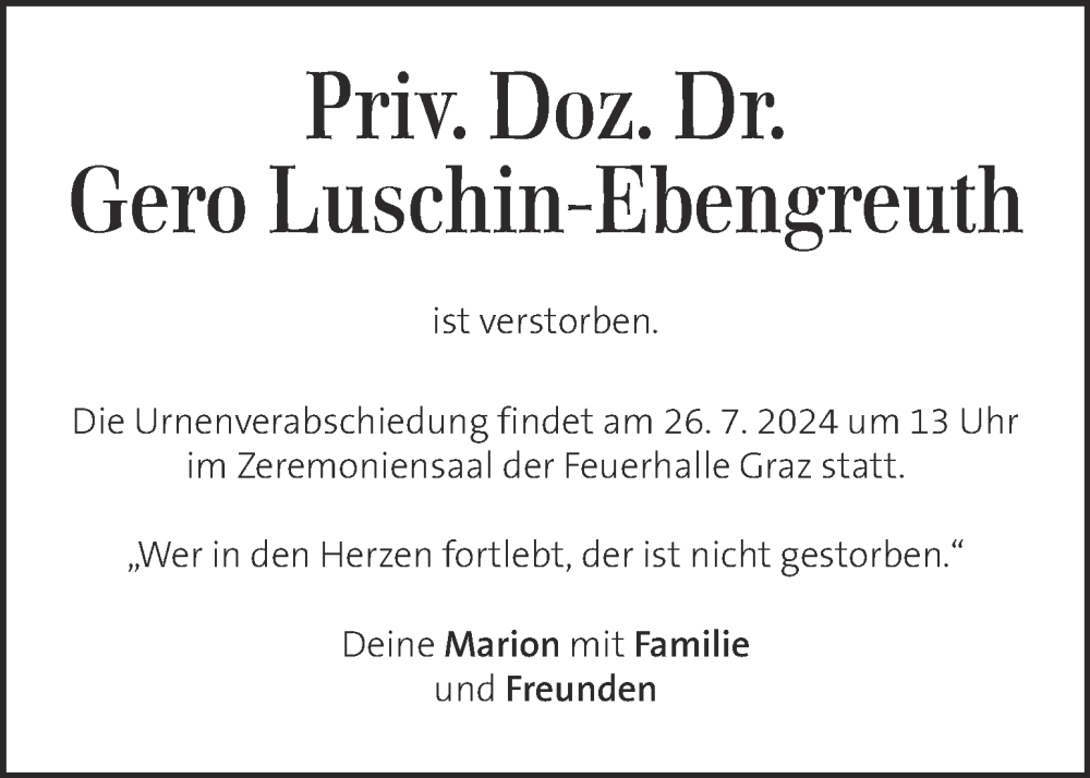  Traueranzeige für Gero Luschin-Ebengreuth vom 20.07.2024 aus Kleine Zeitung