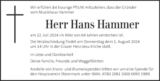 Traueranzeige von Hans Hammer von Kleine Zeitung