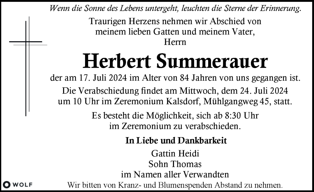  Traueranzeige für Herbert Summerauer vom 20.07.2024 aus Kleine Zeitung