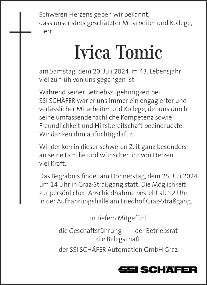  Traueranzeige für Ivica Tomic vom 25.07.2024 aus Kleine Zeitung