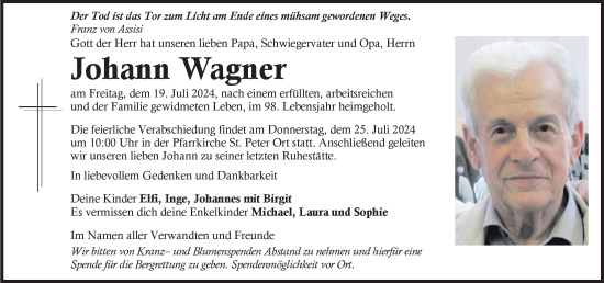 Traueranzeige von Johann Wagner von Kleine Zeitung