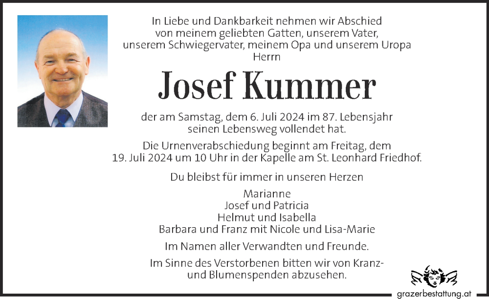  Traueranzeige für Josef Kummer vom 14.07.2024 aus Kleine Zeitung