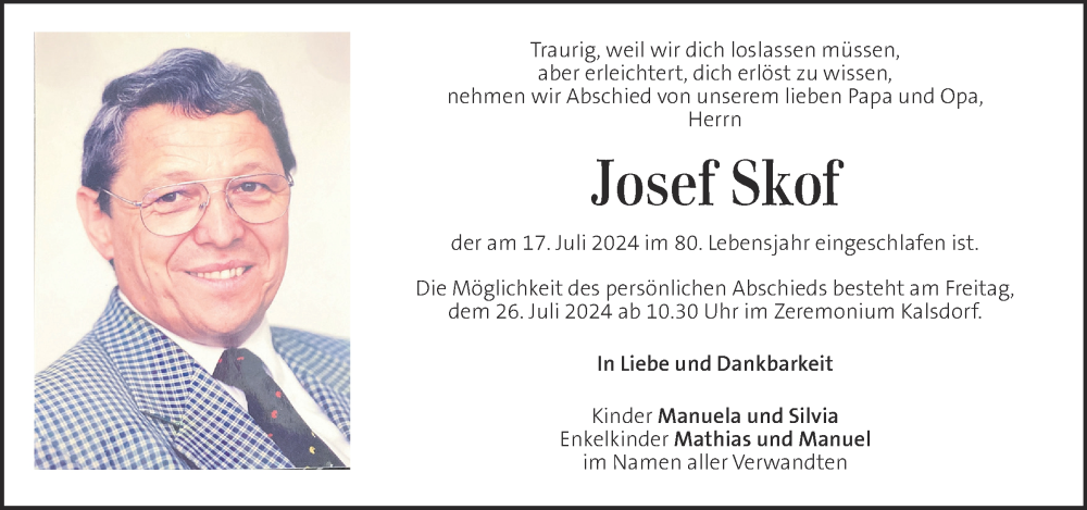  Traueranzeige für Josef Skof vom 24.07.2024 aus Kleine Zeitung