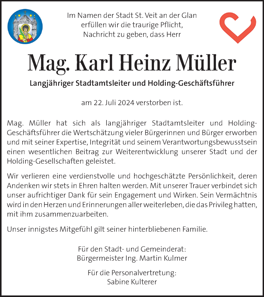  Traueranzeige für Karl Heinz Müller vom 28.07.2024 aus Kleine Zeitung