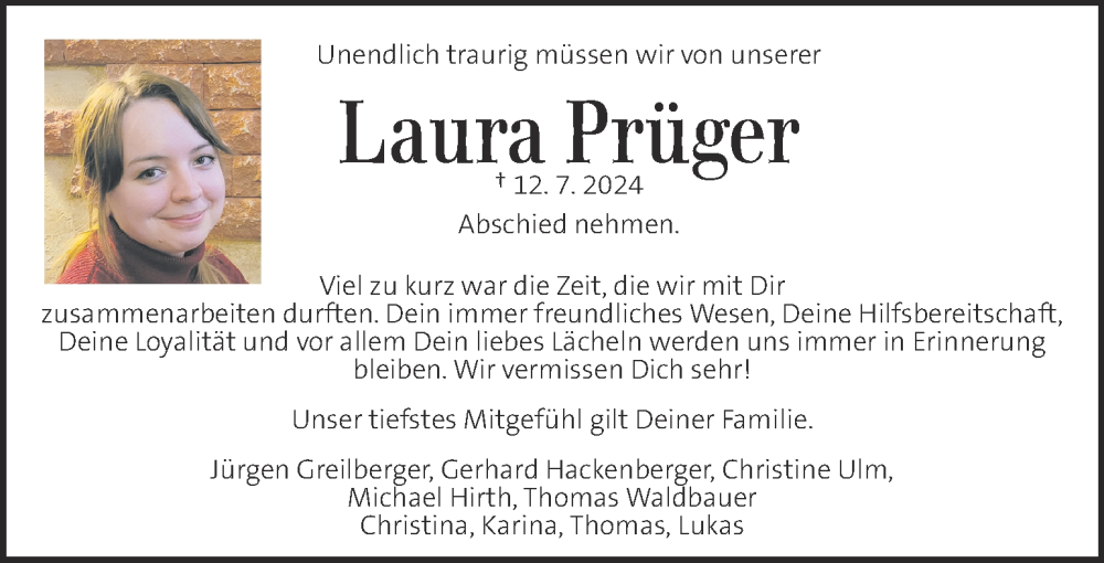  Traueranzeige für Laura Prüger vom 23.07.2024 aus Kleine Zeitung