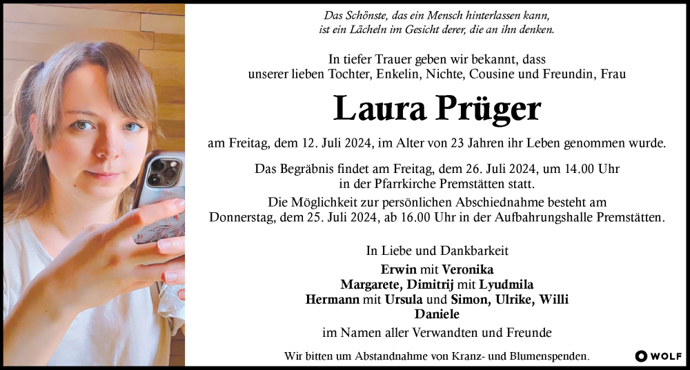  Traueranzeige für Laura Prüger vom 20.07.2024 aus Kleine Zeitung