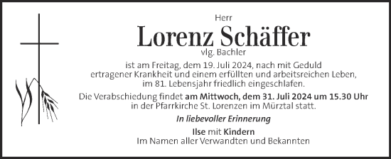 Traueranzeige von Lorenz Schäffer von Kleine Zeitung