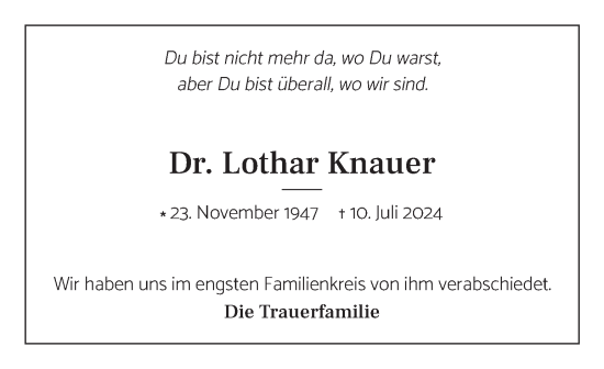 Traueranzeige von Lothar Knauer von Kleine Zeitung