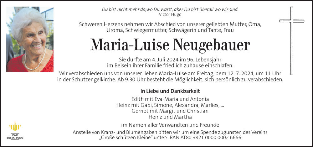  Traueranzeige für Maria-Luise Neugebauer vom 10.07.2024 aus Kleine Zeitung