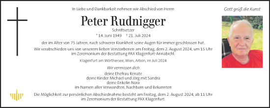 Traueranzeige von Peter Rudnigger von Kleine Zeitung