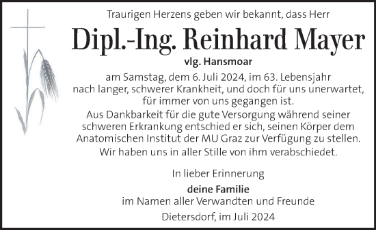 Traueranzeige von Reinhard Mayer von Kleine Zeitung