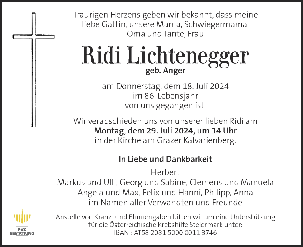  Traueranzeige für Ridi Lichtenegger vom 24.07.2024 aus Kleine Zeitung