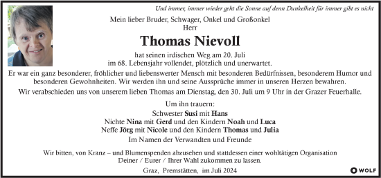 Traueranzeige von Thomas Nievoll von Kleine Zeitung