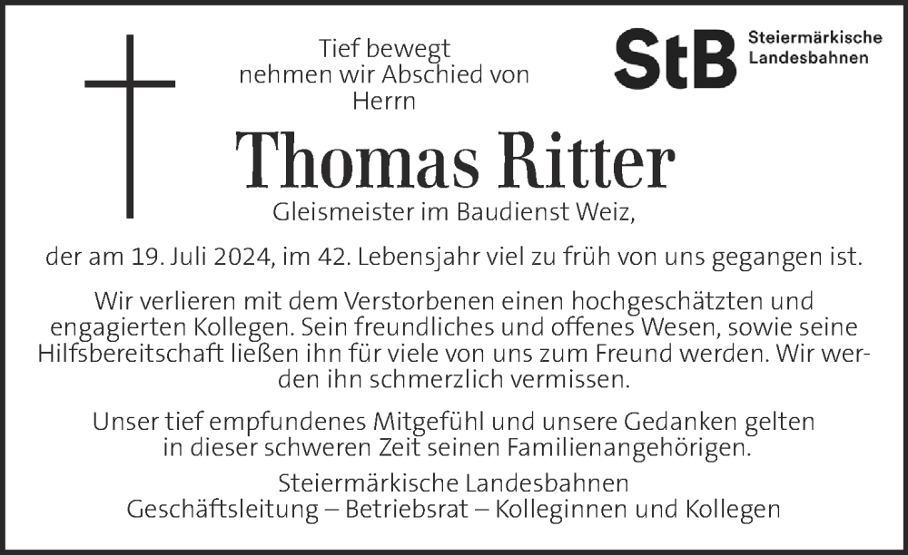  Traueranzeige für Thomas Ritter vom 24.07.2024 aus Kleine Zeitung