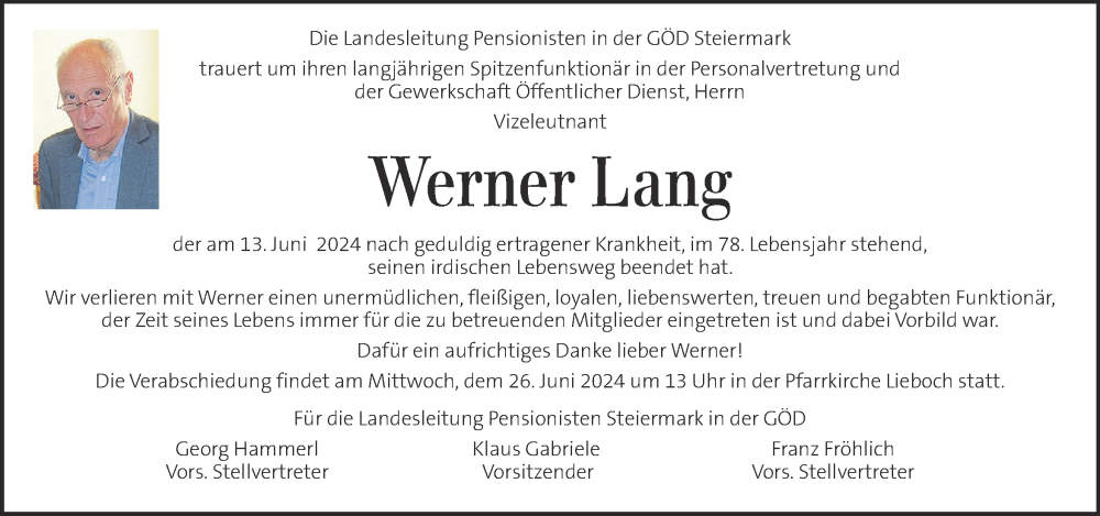  Traueranzeige für Werner Lang vom 21.06.2024 aus Kleine Zeitung