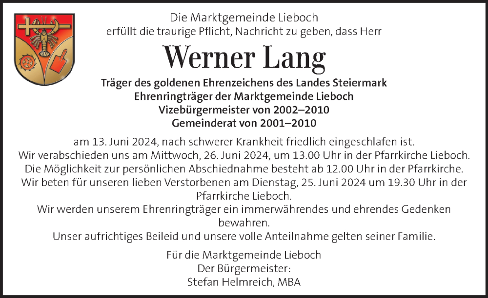  Traueranzeige für Werner Lang vom 21.06.2024 aus Kleine Zeitung