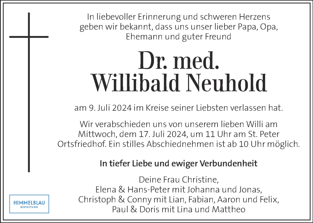  Traueranzeige für Willibald Neuhold vom 14.07.2024 aus Kleine Zeitung