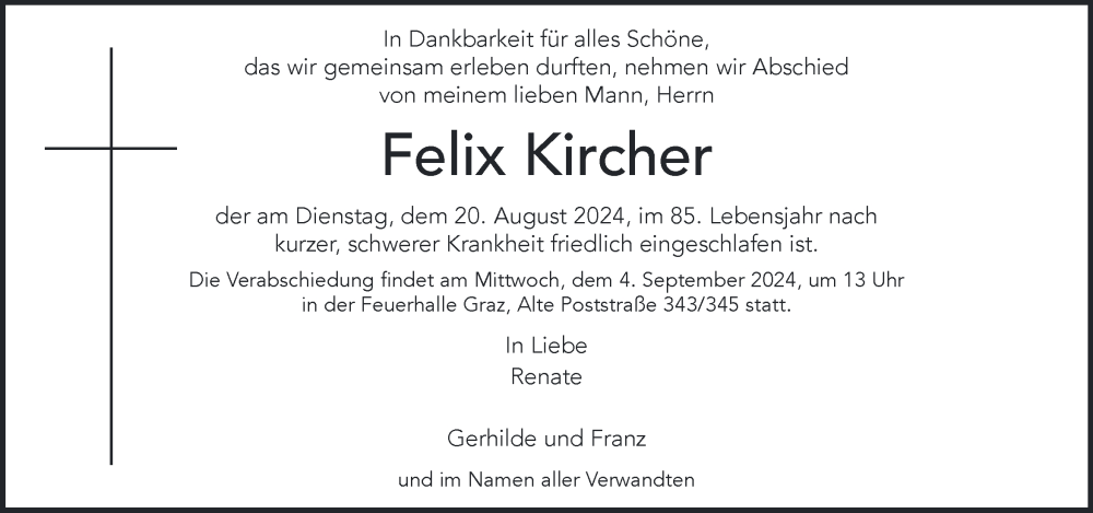  Traueranzeige für Felix Kircher vom 28.08.2024 aus Kleine Zeitung