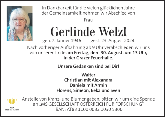 Traueranzeige von Gerlinde Welzl von Kleine Zeitung