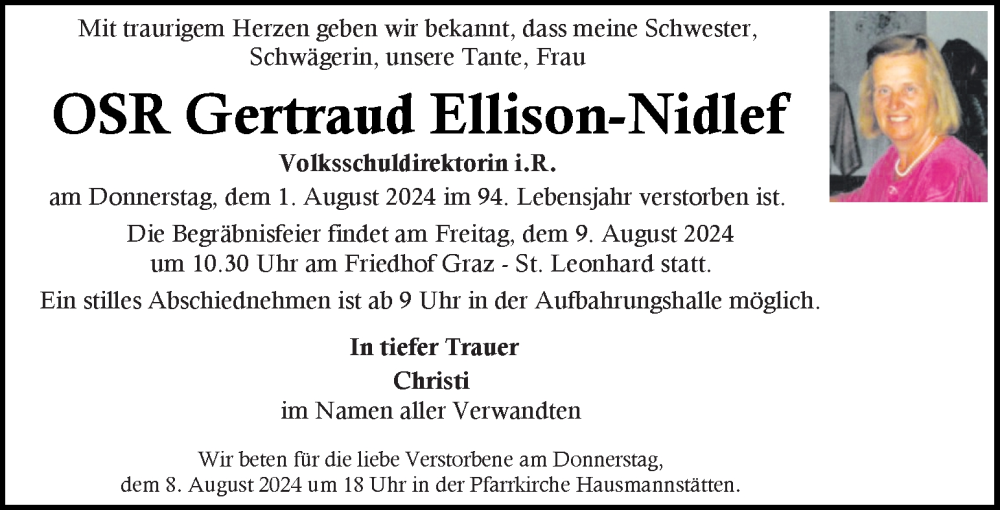  Traueranzeige für Gertraud Ellison-Nidlef vom 07.08.2024 aus Kleine Zeitung