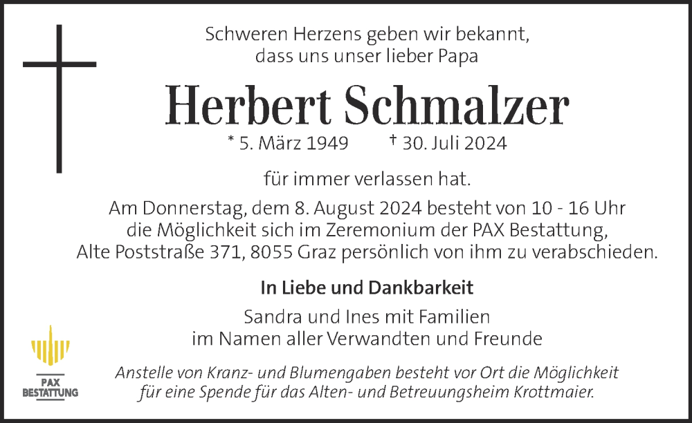  Traueranzeige für Herbert Schmalzer vom 03.08.2024 aus Kleine Zeitung