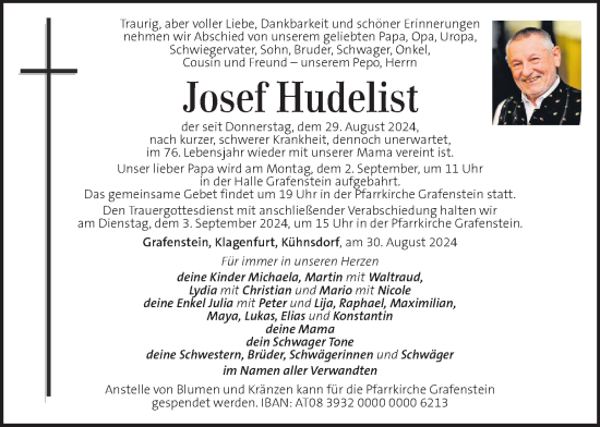 Traueranzeige von Josef Hudelist von Kleine Zeitung