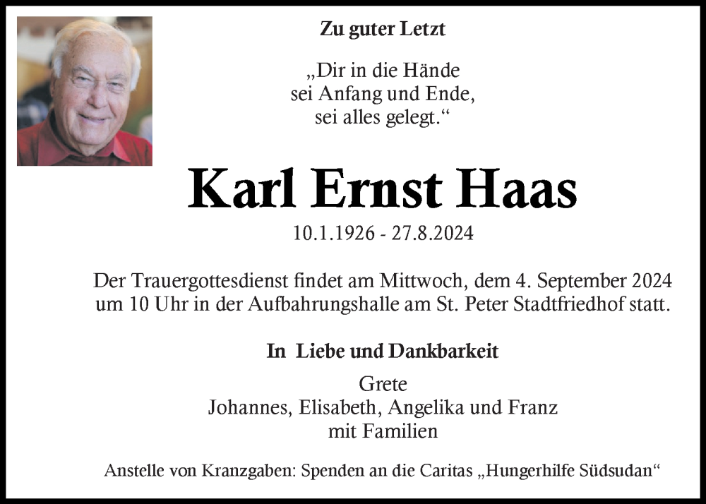  Traueranzeige für Karl Ernst Haas vom 31.08.2024 aus Kleine Zeitung