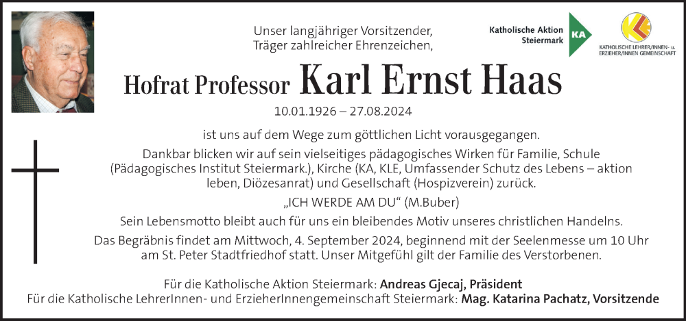  Traueranzeige für Karl Ernst Haas vom 01.09.2024 aus Kleine Zeitung