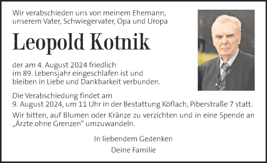 Traueranzeige von Leopold Kotnik von Kleine Zeitung